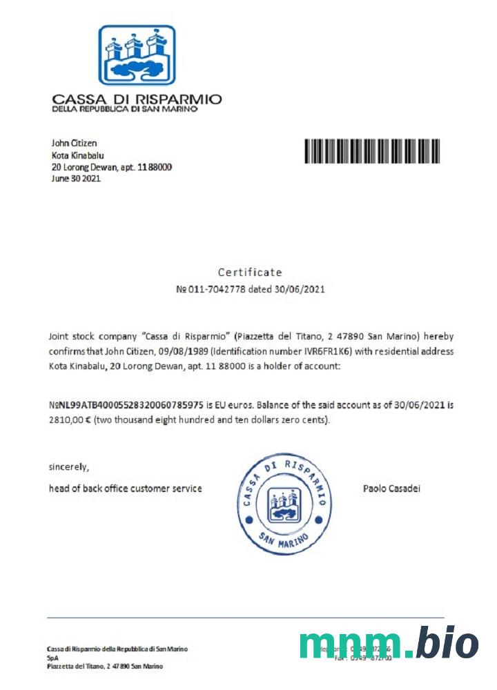 Przykład odniesienia San Marino Cassa di Risparmio w formatach Word i PDF